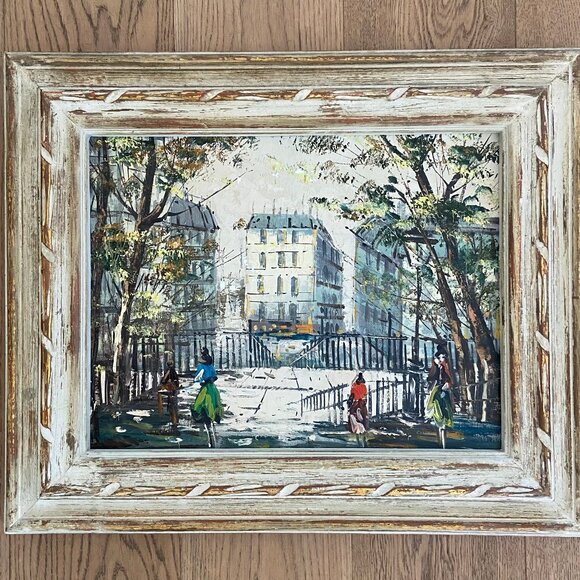 Vintage Parisian Street Scene Oil on Canvas - Picture 2 of 15